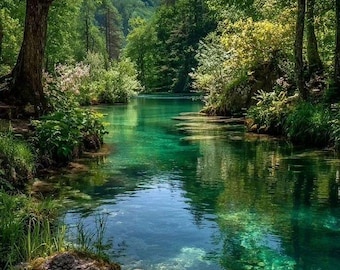 Crystal Clear Forest Lake Wall Art – Serene Nature Landscape Photography Print, Green Woodland Decor