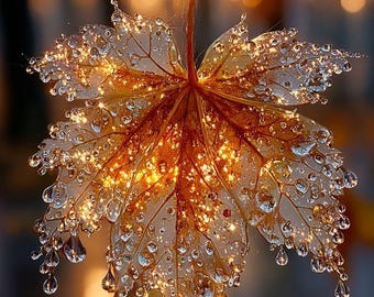 Golden Maple Leaf Photo Print – Autumn Water Droplets (Digital Download)