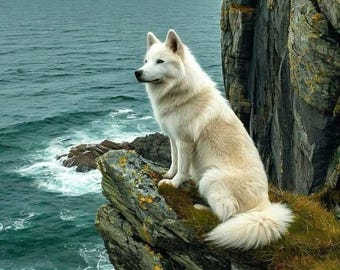 White Dog on Cliffside Overlooking the Ocean – Scenic Nature Photography Print, Calm Coastal Wall Art