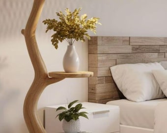 Lámpara de pie rústica con forma de árbol PNG, diseño de lámpara de estante de madera, decoración de lámpara de pie estilo boho, interior de casa de campo, lámpara de madera natural, descarga digital