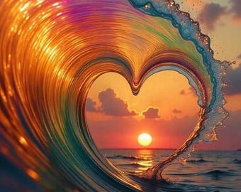 Heart Wave Sunset Wall Art, Ocean Love Printable, Romantic Beach Poster, Colorful Wave Art, Aesthetic Sunset Print, Digital Download