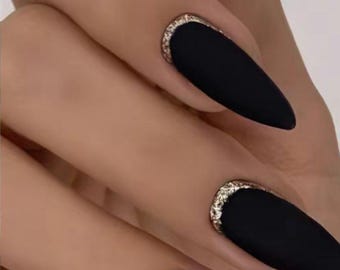 Matte Black Gold Rhinestone Nail Design (Digital Download)