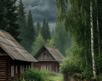Rustic Village Path Wall Art – Moody Forest Cabin Landscape Photography Print