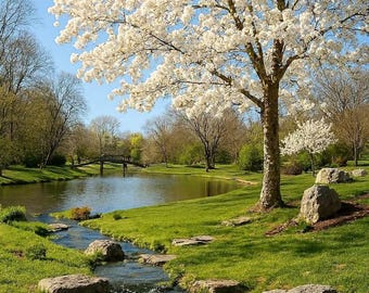 Spring Blossom Park Landscape Wall Art – Peaceful Cherry Tree & Creek Photography Print