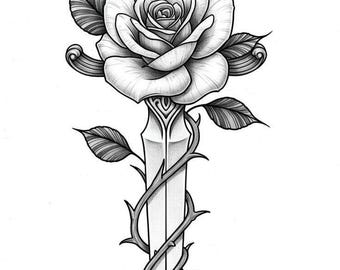 Rose Sword Tattoo SVG PNG | Floral Dagger Line Art | Black & White Rose Illustration | Digital Download