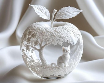 Digital Apple Art with Cat – Printable Artwork, Instant Download