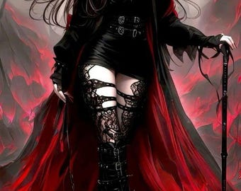 Gothic Witch Art Print, Red & Black Fantasy Woman (Digital Download)