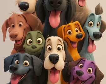 Paquete de imágenes prediseñadas de perros de dibujos animados, cachorro colorido en formato PNG, conjunto de ilustraciones kawaii (descarga digital)