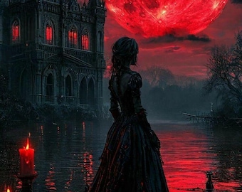 Red Moon Gothic Wall Art, Dark Fantasy Castle Print (Digital Download)