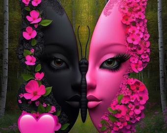 Dual Face Butterfly Print, Pink Black Fantasy Floral Portrait (Digital Download)