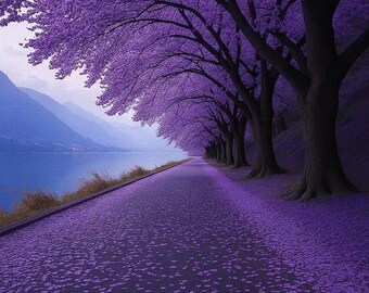 Purple Tree Tunnel Print, Lavender Road Landscape, Dreamy Forest Wall Art (Digital Download)