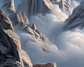 Majestic Tiger on Mystic Mountains – High-Resolution Digital Art Print – Fantasy Landscape Wall Art