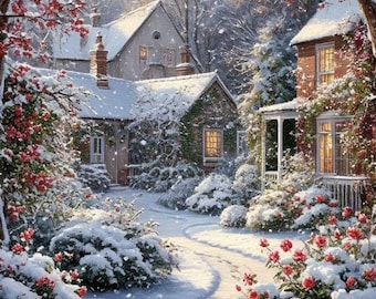 Cozy Winter Cottage Scene Wall Art – Snowy Village Landscape Print, Warm Holiday Home Decor