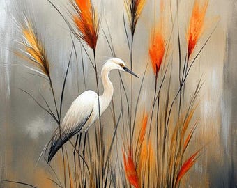 White Heron Bird Wall Art, Abstract Nature Painting, Modern Minimalist Marsh Artwork, Orange Reed Decor, Printable Digital Download