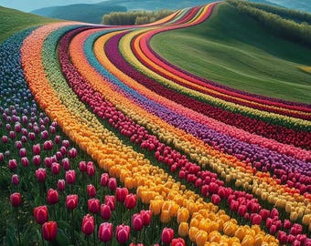 Rainbow Tulip Field Print, Colorful Spring Landscape Wall Art (Digital Download)