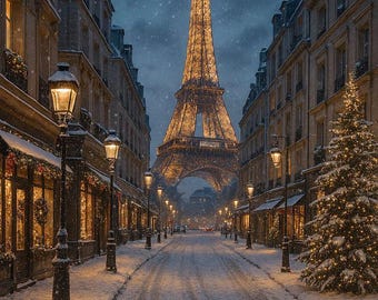 Paris Eiffel Tower Winter Street Print, Snowy Christmas Decor (Digital Download)