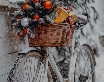 Cuadro navideño de bicicleta para pared, escena invernal nevada (descarga digital)
