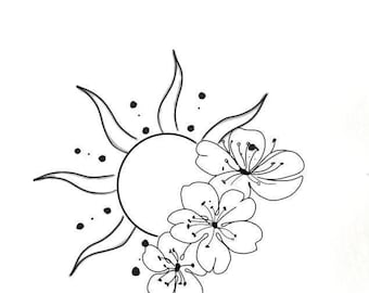 Diseño SVG de líneas florales con diseño de sol / Diseño minimalista para tatuajes / Imágenes prediseñadas estilo boho (Descarga digital)