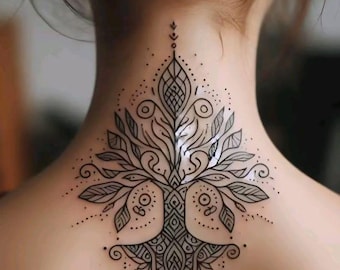 Diseño de tatuaje de mandala para el cuello, ornamental floral de líneas finas (descarga digital)