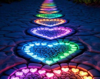 Glowing Heart Path Print, Romantic Neon Wall Art, Colorful Sunset Beach (Digital Download)