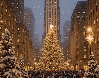 Christmas Tree City Square Art Print, Winter Holiday Decor (Digital Download)