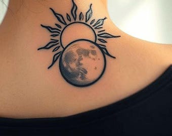 Diseño de tatuaje de sol y luna en formato SVG / Arte lineal celestial minimalista estilo boho (descarga digital)