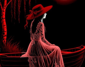 Gothic Red Moon Art Print – Lady in Boat, Dark Romantic Decor (Digital Download)