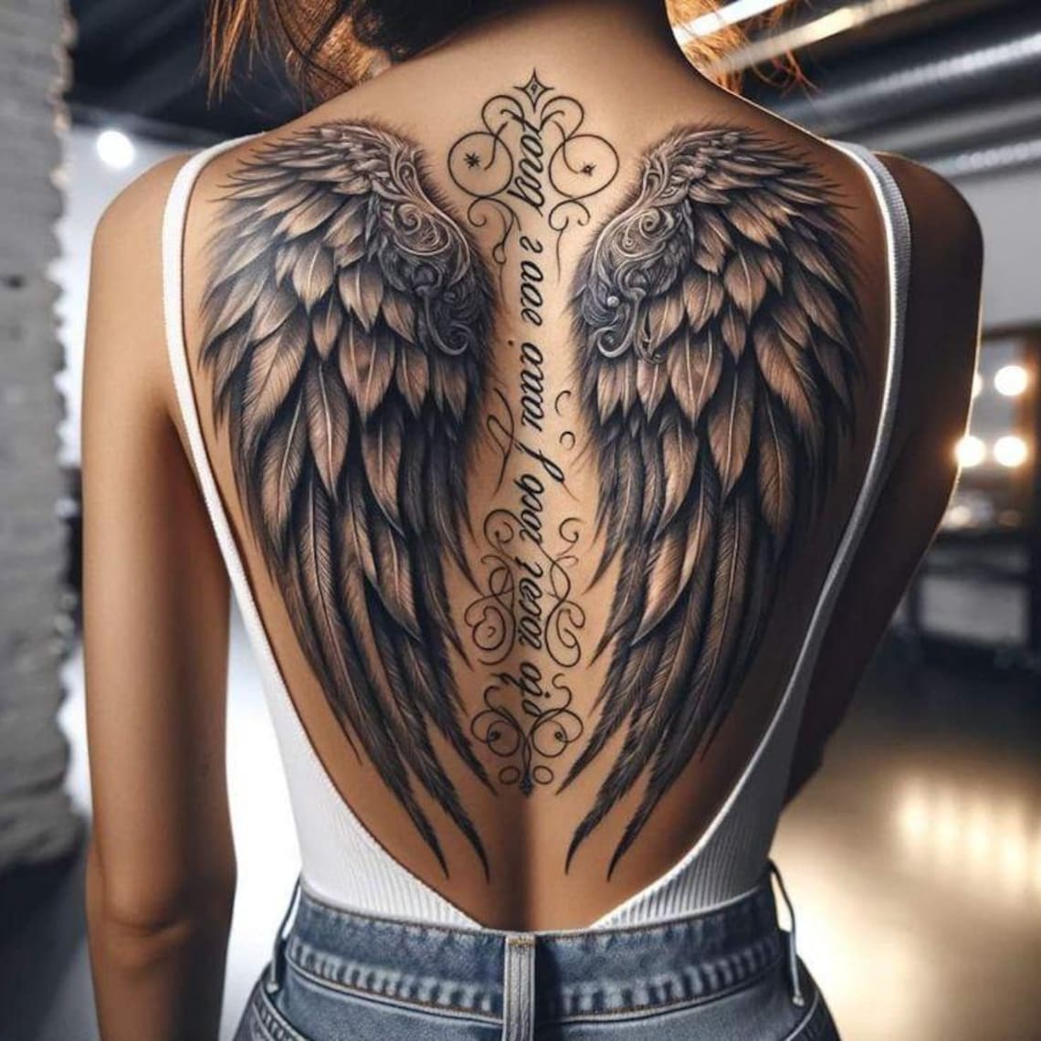 Angel Wings Back Tattoo Design | Spine Script (digital Download) - Etsy