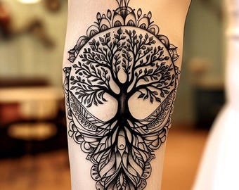 Diseño de tatuaje de mandala del Árbol de la Vida, tinta bohemia floral de líneas finas (descarga digital)