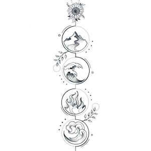 May include: Black and white illustration of the four elements: earth, water, fire, and air. A sunflower tops the design, followed by a mountain, a wave, flames, and a cloud. Each element is within a circle.