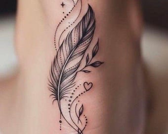 Minimalist Feather Tattoo Design, Fine Line Art (Digital Download)