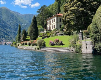 Lake Como Villa Print, Italy Lakeside View, Luxury Home Decor (Digital Download)