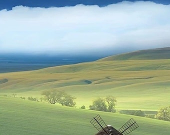 Rustic Windmill Mountain Landscape Print | Countryside Wall Art (Digital Download)