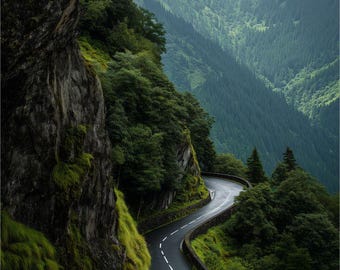 Scenic Mountain Road Poster – Moody Landscape Wall Art, Green Nature Print, Travel Photography Decor