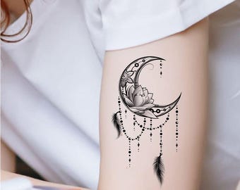 Diseño de tatuaje de loto lunar, luna creciente, líneas florales finas, estilo atrapasueños (descarga digital)