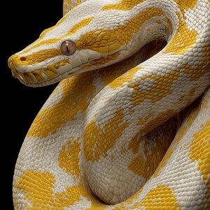 May include: A large albino Burmese python with a distinct pattern of bright yellow and white scales coiled in a tight loop. The snake has a visible head with a light-colored snout, a dark eye, and textured skin scales covering its entire body.