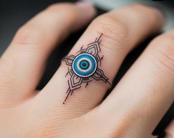 Diseño de tatuaje de ojo turco azul para el dedo, plantilla geométrica minimalista (descarga digital)