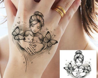 Mother and Babies Line Art, Minimalist Tattoo Design, Butterfly Heart Illustration (Digital Download)