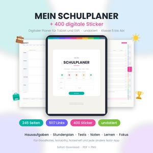 Könnte beinhalten: Ein digitaler Schulplaner für Tablets mit 245 Seiten, 5117 Links und 400 digitalen Stickern. Die Benutzeroberfläche zeigt den Text MEIN SCHULPLANER sowie Bereiche für Hausaufgaben, Stundenplan, Tests, Noten, Lernen und Fokus für Notiz-Apps.