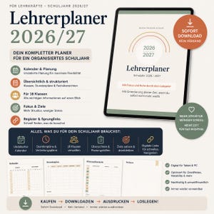 May include: A digital teacher planner for the 2026/27 school year displayed on a tablet screen. The layout includes sections for calendars, lesson plans, class management, and goal setting. It features a minimalist design with text in German.