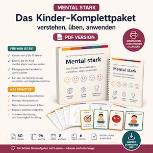 May include: A digital educational program titled Mental Stark, featuring a binder and spiral-bound book with colorful emotion icons, activity cards, and text in German. The set includes 60 pages, 96 cards, 8 weeks of content, 6 posters, and a PDF download.