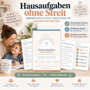Könnte beinhalten: Ein 14-seitiges Elternset als PDF-Download mit dem Titel Hausaufgaben ohne Streit. Es enthält einen Hausaufgaben-Vertrag, einen Arbeitsplatz-Check und einen Notfallplan für Familien mit Kindern der Klassen 1 bis 7, gestaltet mit Regenbogen-Grafik.