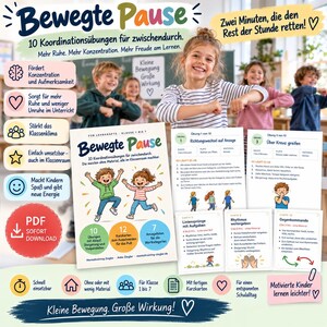 Könnte beinhalten: Ein digitales Lehrmaterial mit dem Titel Bewegte Pause, das 10 Koordinationsübungen für die Klassen 1 bis 7 enthält. Das Set umfasst einen Leitfaden, Anweisungskarten und Übungsblätter mit deutschem Text für den Einsatz im Unterricht.