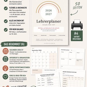 Könnte beinhalten: Ein digitaler Lehrerplaner für das Schuljahr 2026/2027 mit einem Regenbogen-Motiv und dem Titel 'Lehrerplaner'. Das Set enthält druckbare A4-Seiten für Monatskalender, Wochenplanung, Unterrichtsorganisation, Energie-Tracker und Listen.