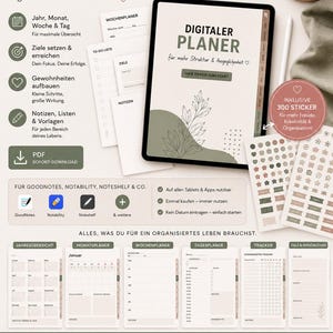 Könnte beinhalten: Ein digitaler Planer auf einem Tablet-Bildschirm mit verschiedenen Seitenlayouts, darunter Jahres-, Monats-, Wochen- und Tagesansichten. Das Set enthält digitale Sticker, Notizvorlagen und Ziel-Tracker in einer neutralen Farbpalette mit botanischen Illustrationen.