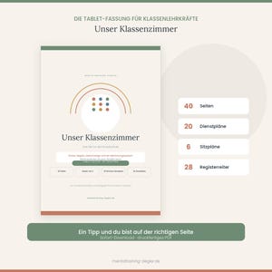 Könnte beinhalten: Ein digitaler Klassenplaner für Tablets mit dem Titel Unser Klassenzimmer, beiger Einband mit Regenbogen-Grafik, neun farbigen Punkten und Textangaben zu 40 Seiten, 20 Dienstplänen, 6 Sitzplänen und 28 Registerreitern für Lehrkräfte.