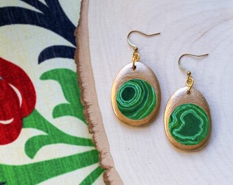 Malachite Painted Earrings, faux stones, natural stone jewelry, painted jewelry, gold earrings dangle, green earrings, gifts for her,