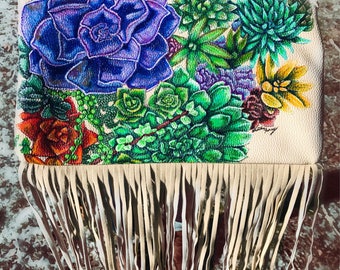 Hand Painted Purse, fringe purse, painted plants, succulents, plant art, plant gifts for her, boho bags and purses, colorful handbags