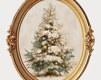 May include: An oval-shaped, gold-colored frame surrounds a painting of a Christmas tree. The tree is decorated with gold ornaments and covered in snow. The text "DIGITAL DOWNLOAD" is at the bottom of the frame.