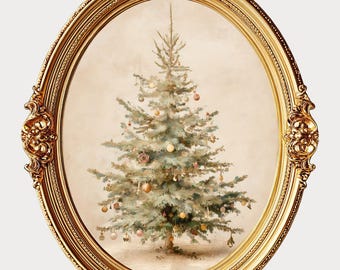 May include: An oval, gold-colored ornate frame surrounds a watercolor painting of a Christmas tree decorated with ornaments. The painting has a vintage aesthetic. The text "DIGITAL DOWNLOAD" is at the bottom of the frame.